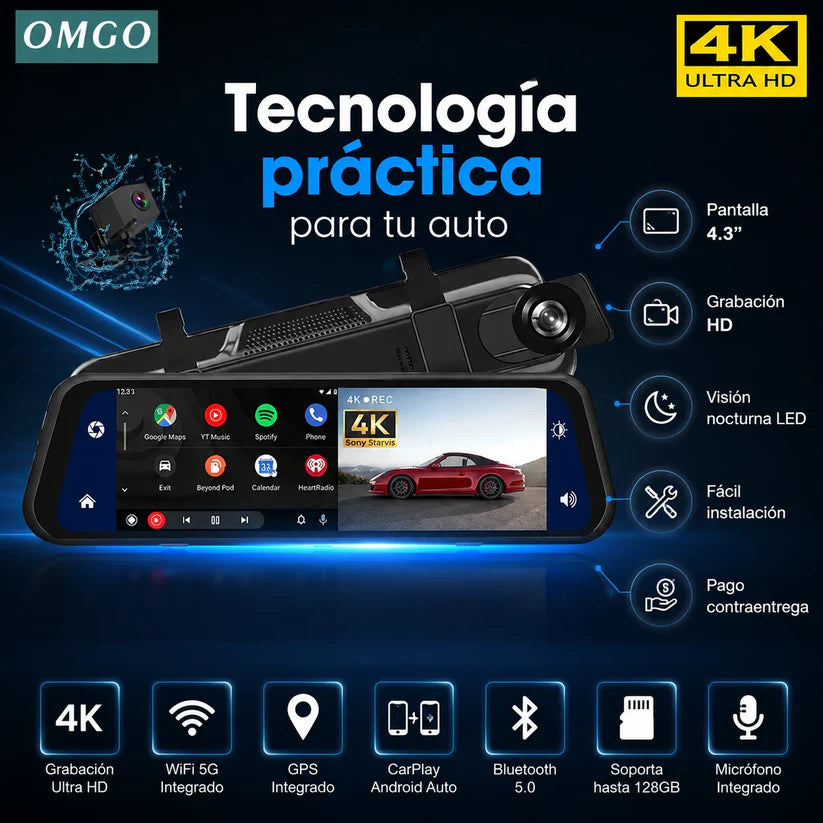 DriveVision 360™ | Espejo Retrovisor Digital con Doble Cámara HD y Visión Completa 360°