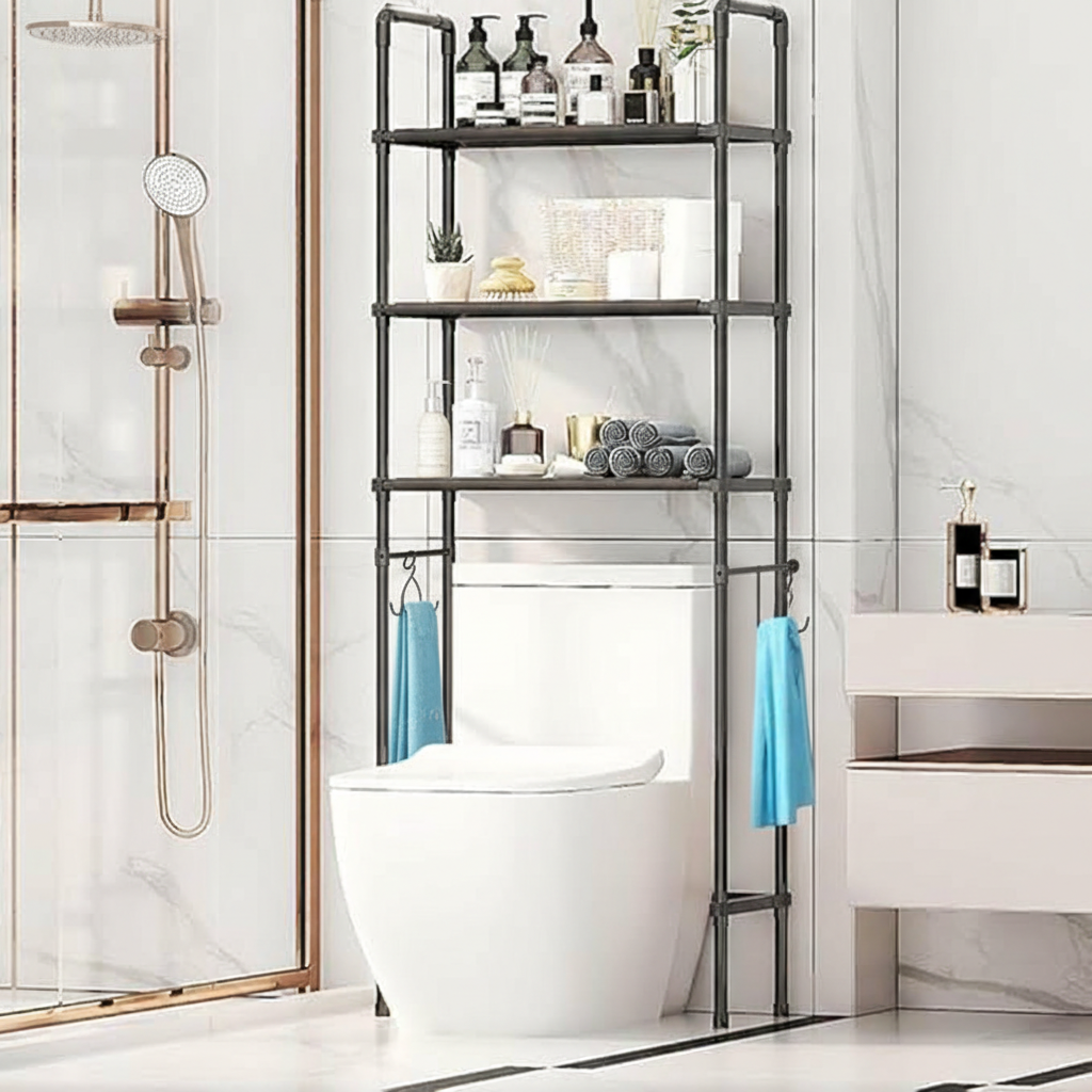 Estantería de Metal Sobre Inodoro color negro con 3 Baldas de Tela