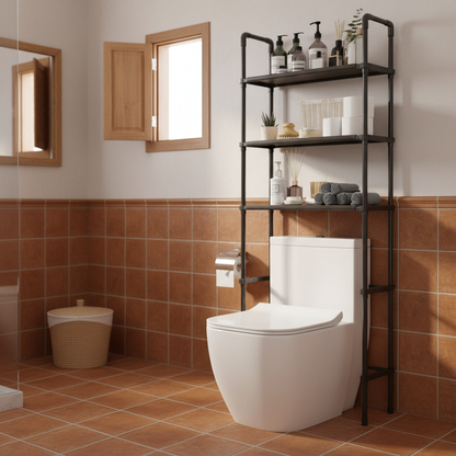 Estantería de Metal Sobre Inodoro color negro con 3 Baldas de Tela