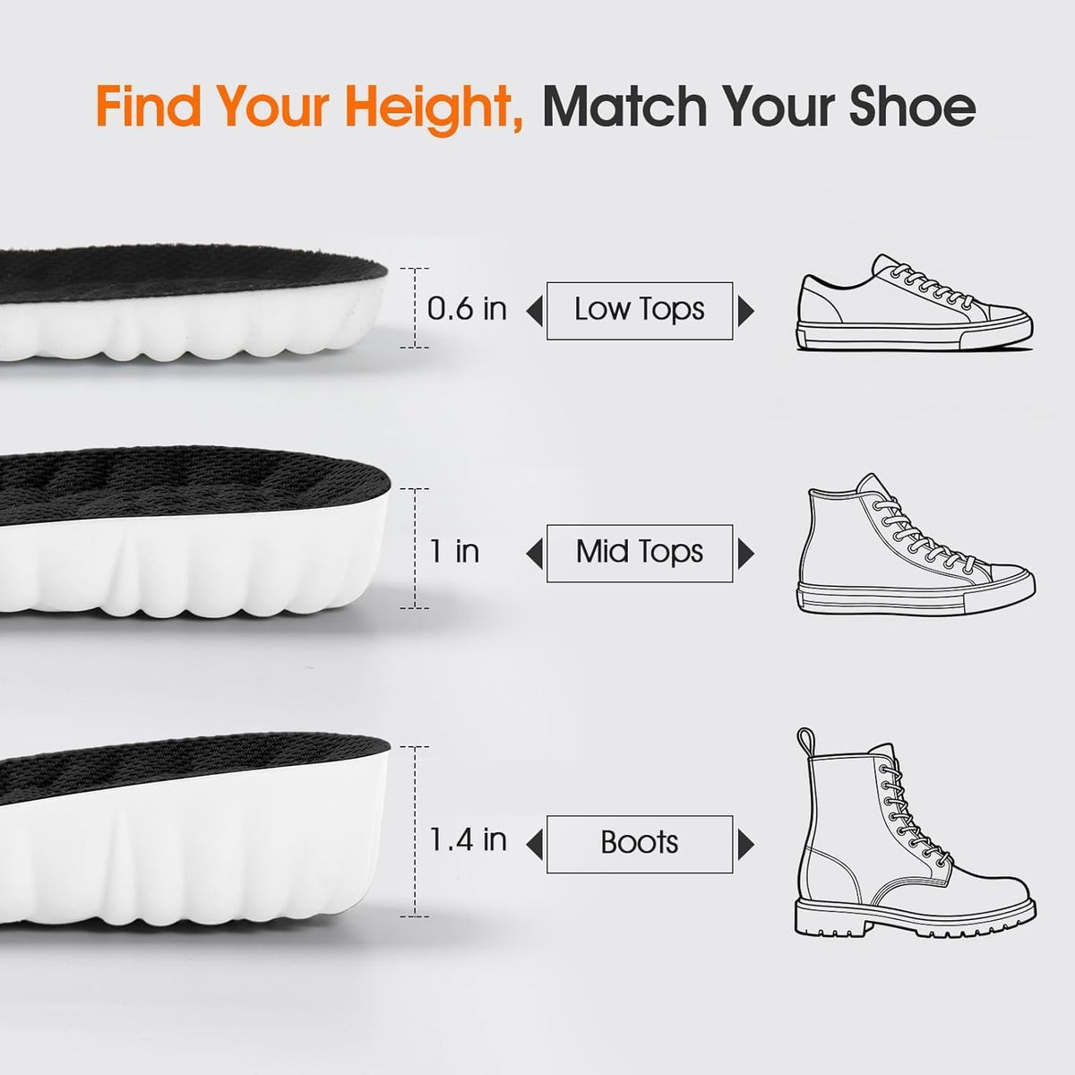 Height Increase Insoles for Men – 4D Cloud-Like Memory Foam Height Booster Insoles - Shock Absorbing Trim-To-Fit Steppers Insoles for Confidence & Effortless Comfort (Black, 1.4IN / US M 7.5-10.5)