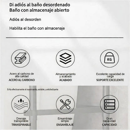 Estantería de Metal Sobre Inodoro color negro con 3 Baldas de Tela